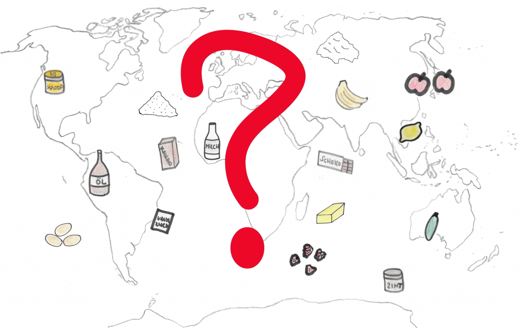 Backzutaten und Produkte aus Weltkarte mit Fragezeichen