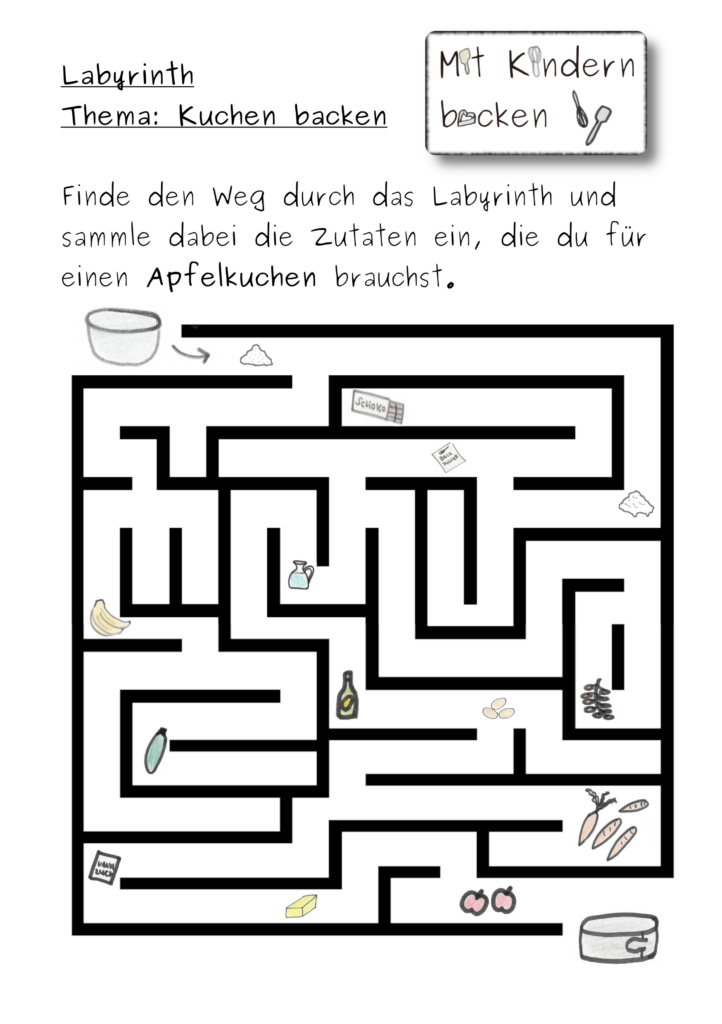 Labyrinth Irrweg für Kinder aus Kindergarten und Grundschule mit Backzutaten für Apfelkuchen