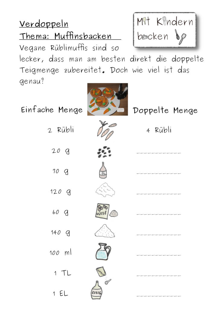 Kinderrätsel zum Thema Kuchen backen, verdoppeln Mathematik 3. Klasse, Bruchrechnen und Multiplizieren